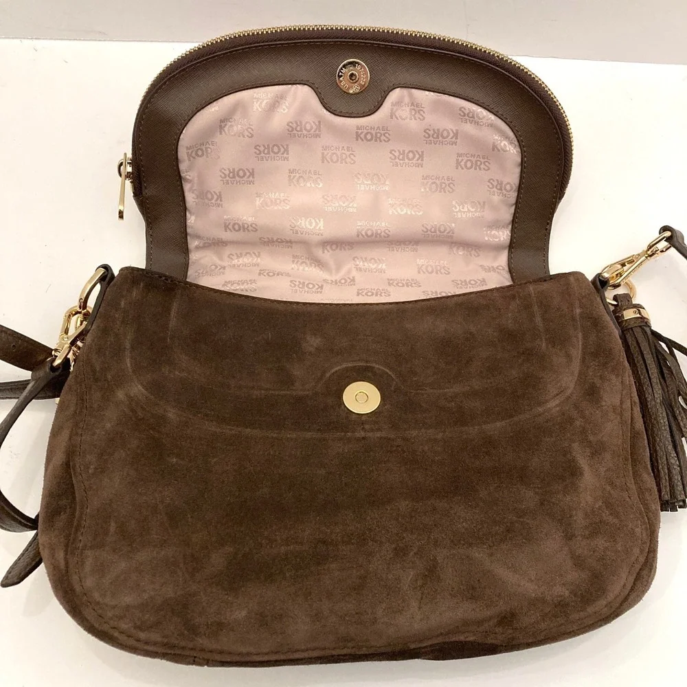 Michael Kors Bedford Bag Tassel Brown Leather Suede Convertible Crossbody Studs